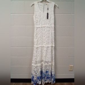 COPY - NWT Elie Tahari - Adelaide White Embroidered Floral Lace/ Blue Hem Maxi …